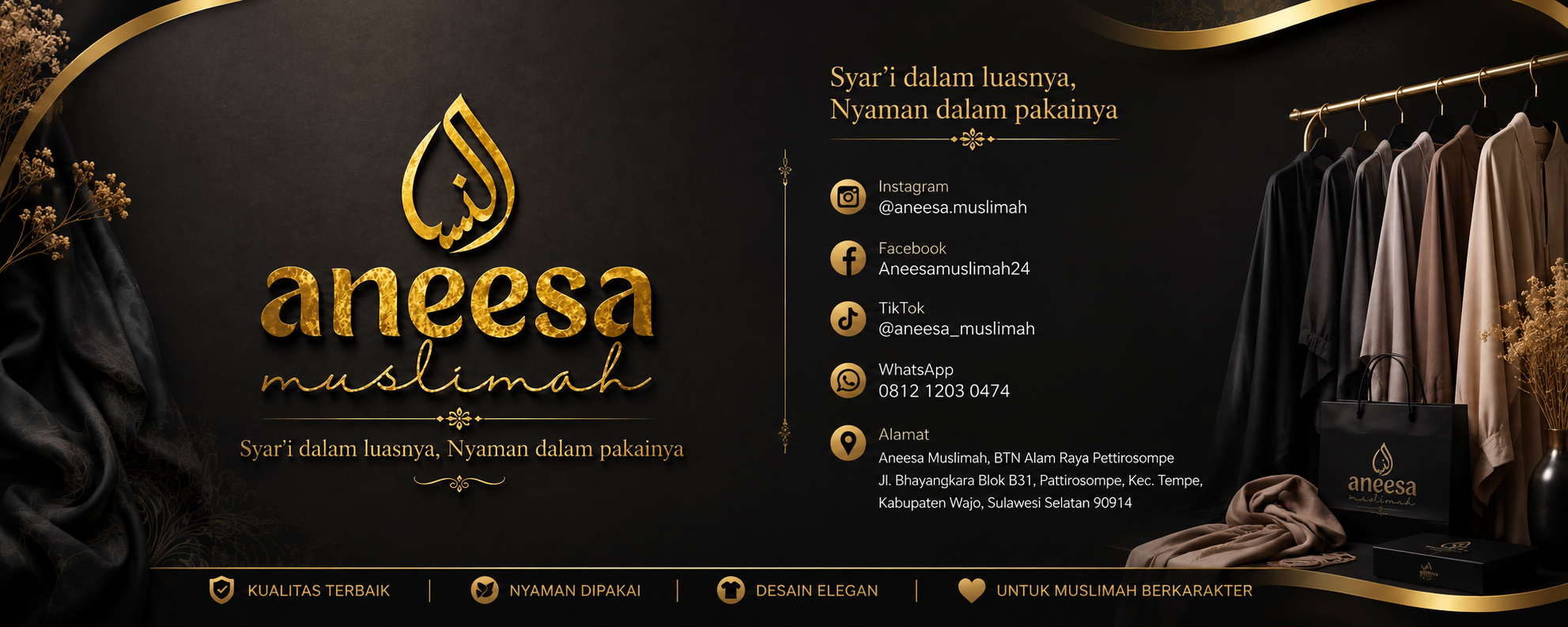 Sampul resmi Aneesa Muslimah berisi logo, kontak, alamat, dan koleksi busana muslimah